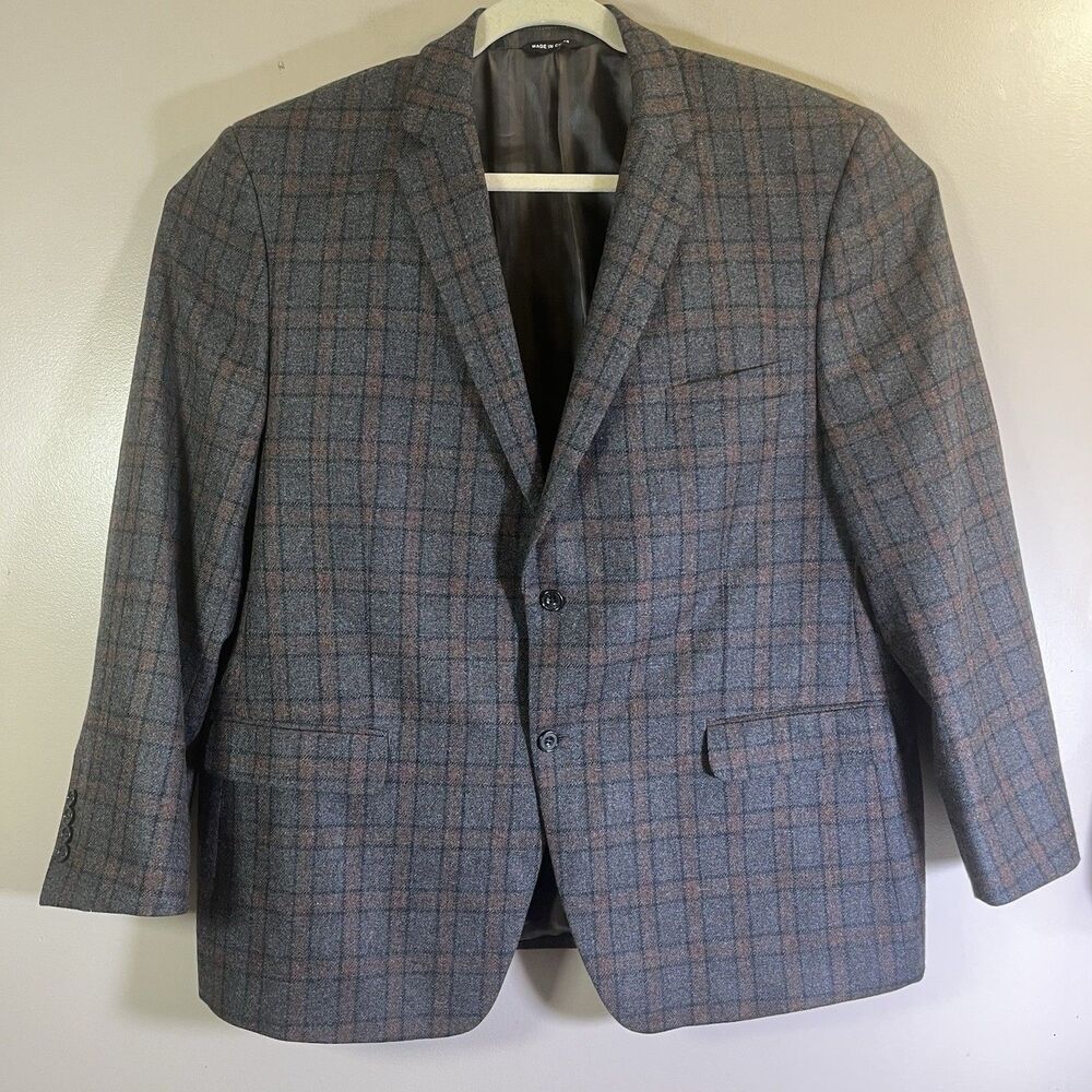 HAINES & BONNER London Men 2XL 50 52 Reg Blazer Sport Coat Gray Brown Plaid Wool